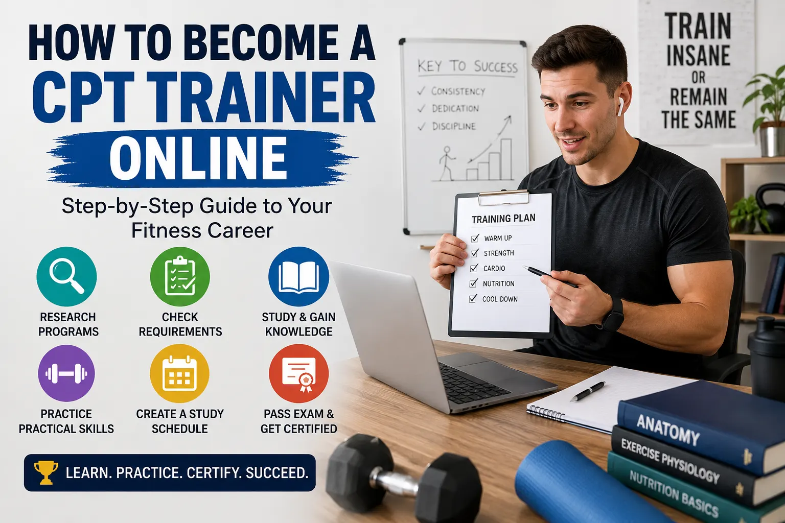 Image depicting a fitness professional studying online for CPT certification, with a laptop, training plan, fitness equipment, and educational materials, alongside key steps for becoming a certified personal trainer.